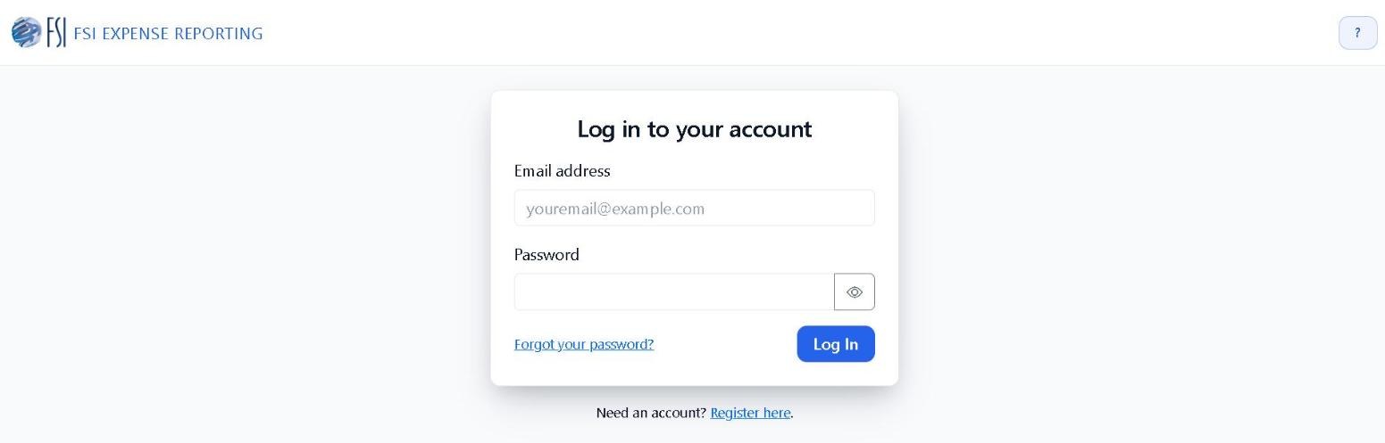 The sign-in screen. Use “Forgot your password?” to start a reset, or “Register here” if you do not yet have an account.